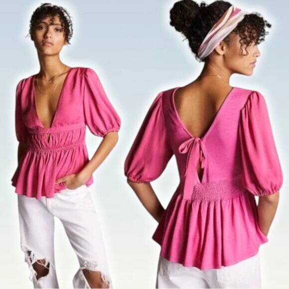 NWT DOLAN Anthropologie Cut-Out V-Neck Peplum Top Sz Small Pink - Picture 1 of 7